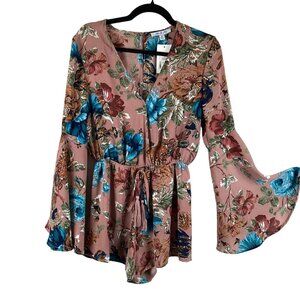 She + Sky NWT‎ Floral Bell Sleeve Romper Size Small Pink & Blue